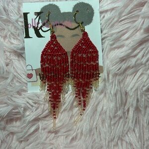 Red & Clear Beaded Fringe Earrings